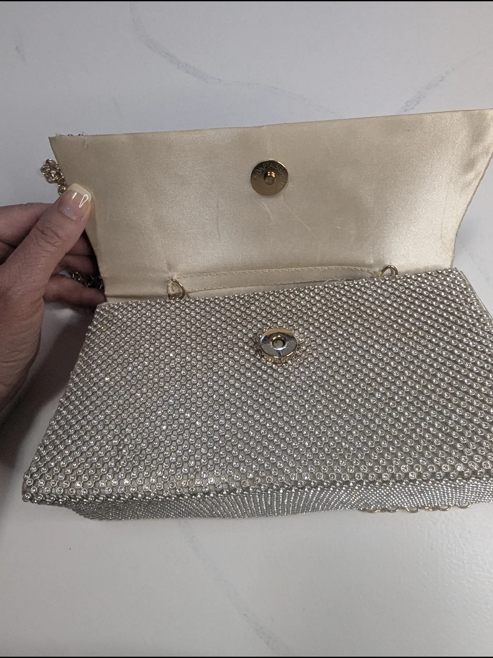 Jessica McClintock Remi Rhinestone Handle Bag Silver W/ Gold Tone Evening Clutch